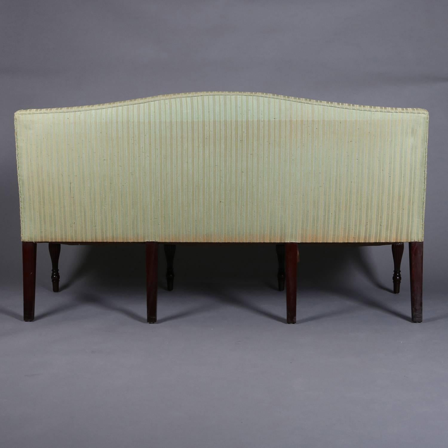Upholstery Antique Sheraton Mahogany Camel Back Upholstered Sofa, 20th Century