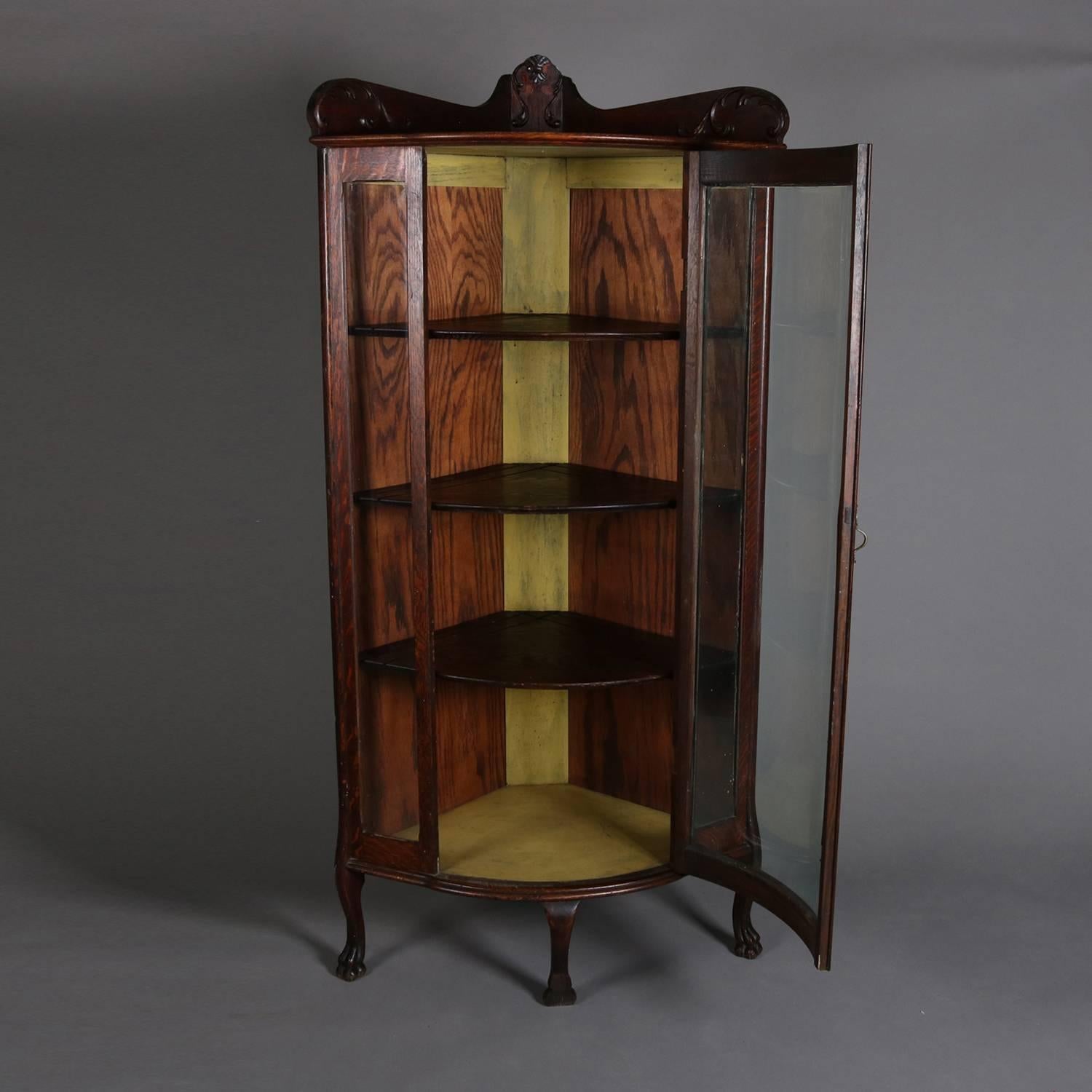 American Antique R.J. Horner School Carved Oak Corner China Cabinet, Early 20th Century