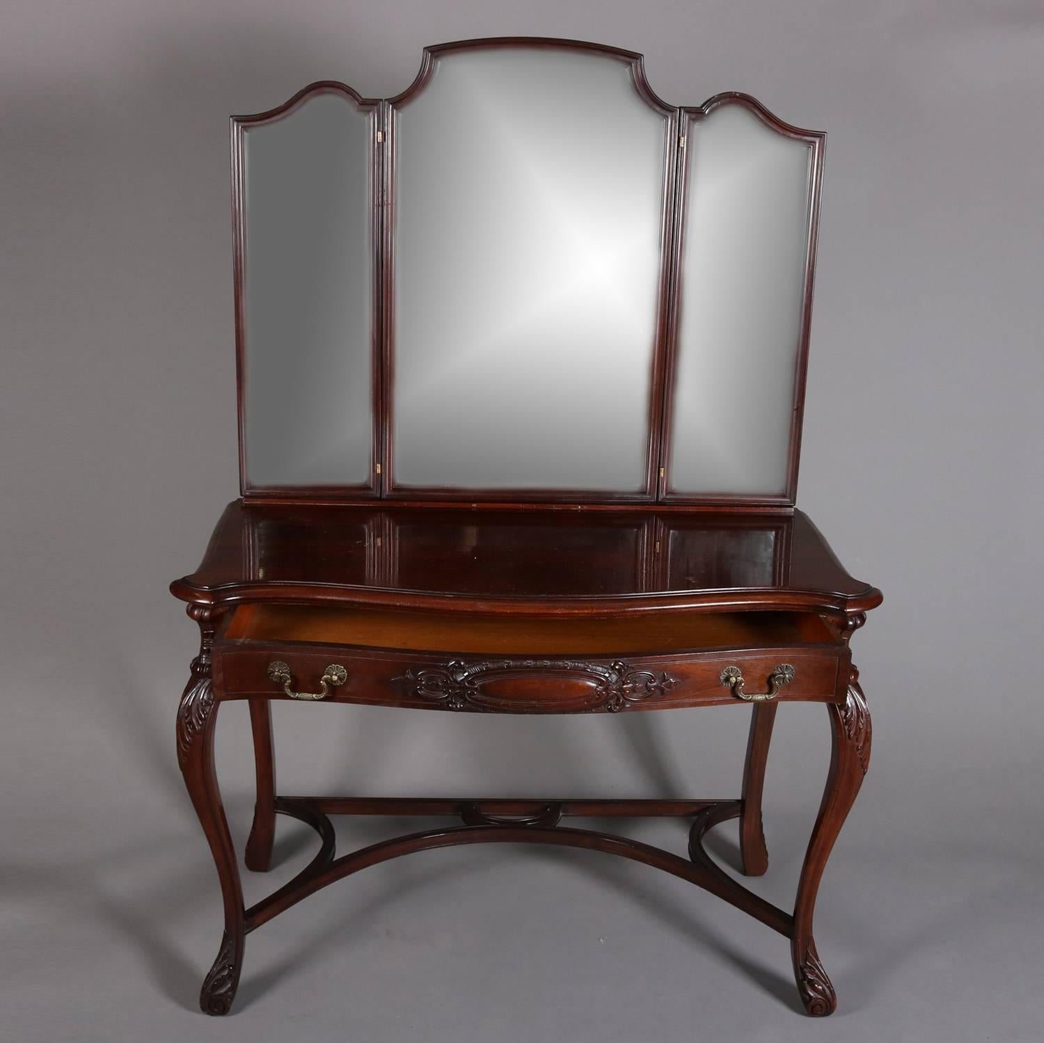 Antique Acanthus Carved Mahogany Triptych Mirrored Vanity, circa 1890 1
