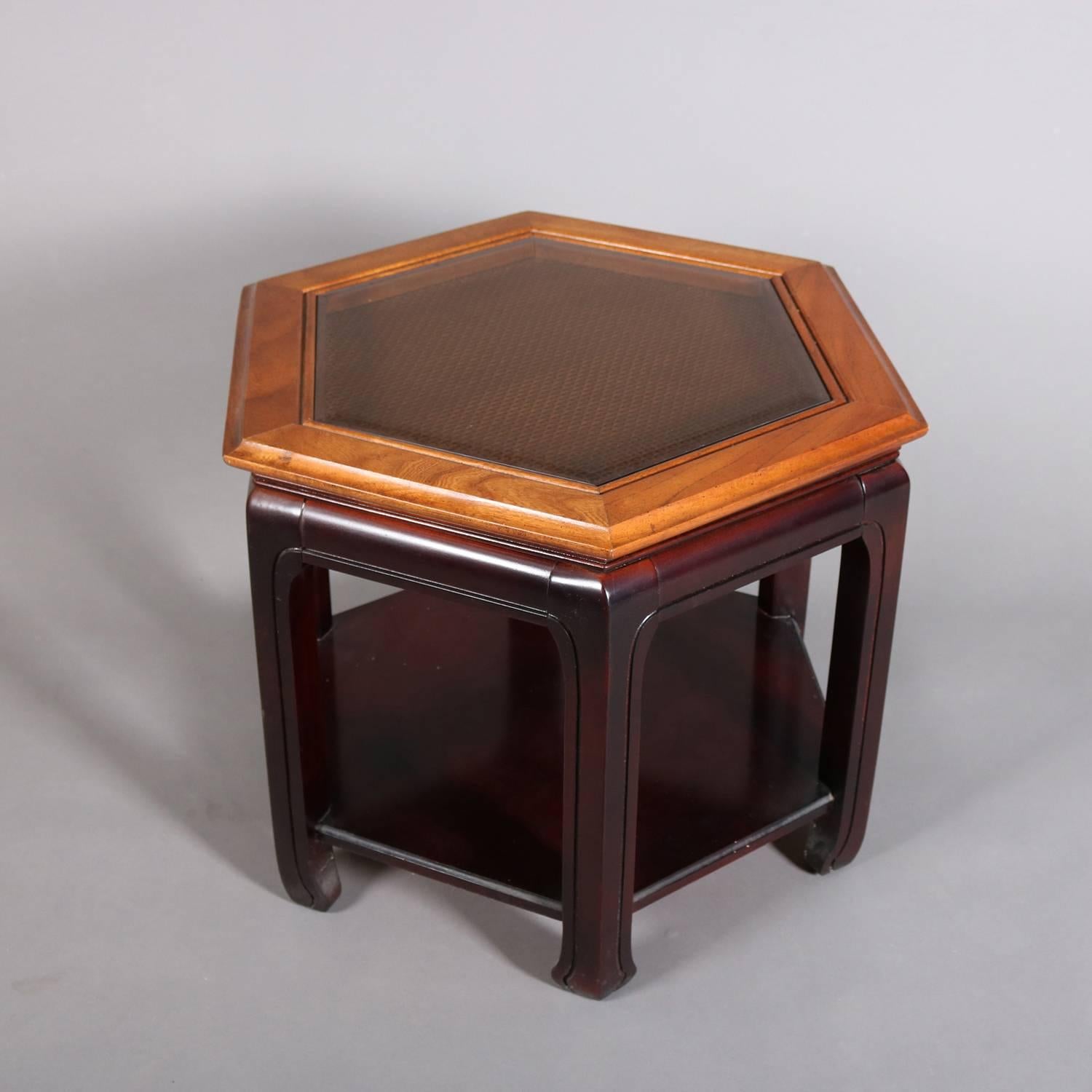 Chinese Style Hexagonal Mahogany, Walnut and Cane Top End Stand, circa 1920 In Excellent Condition For Sale In Big Flats, NY