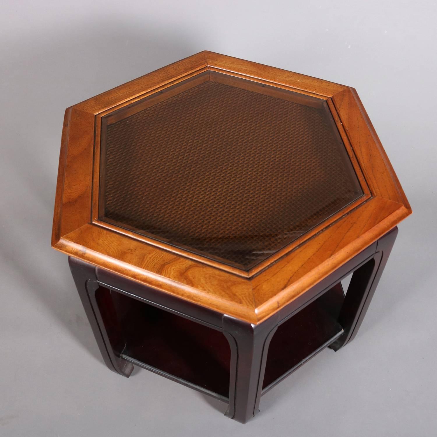 Chinese Style Hexagonal Mahogany, Walnut and Cane Top End Stand, circa 1920 For Sale 1