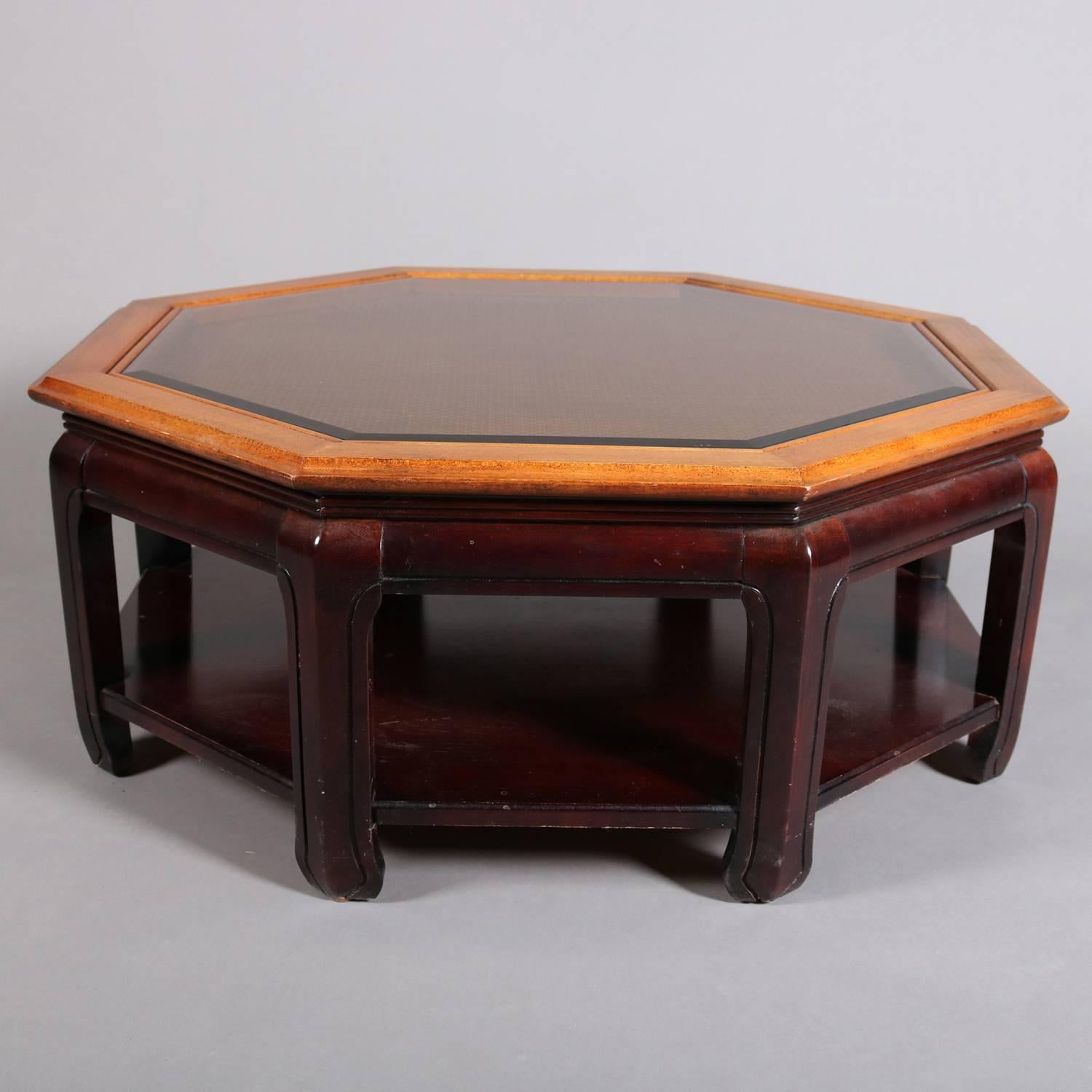 Antique Chinese style hexagonal coffee table features mahogany base with glass covered caned top framed in walnut, 20th century

***DELIVERY NOTICE – Due to COVID-19 we are employing NO-CONTACT PRACTICES in the transfer of purchased items. 