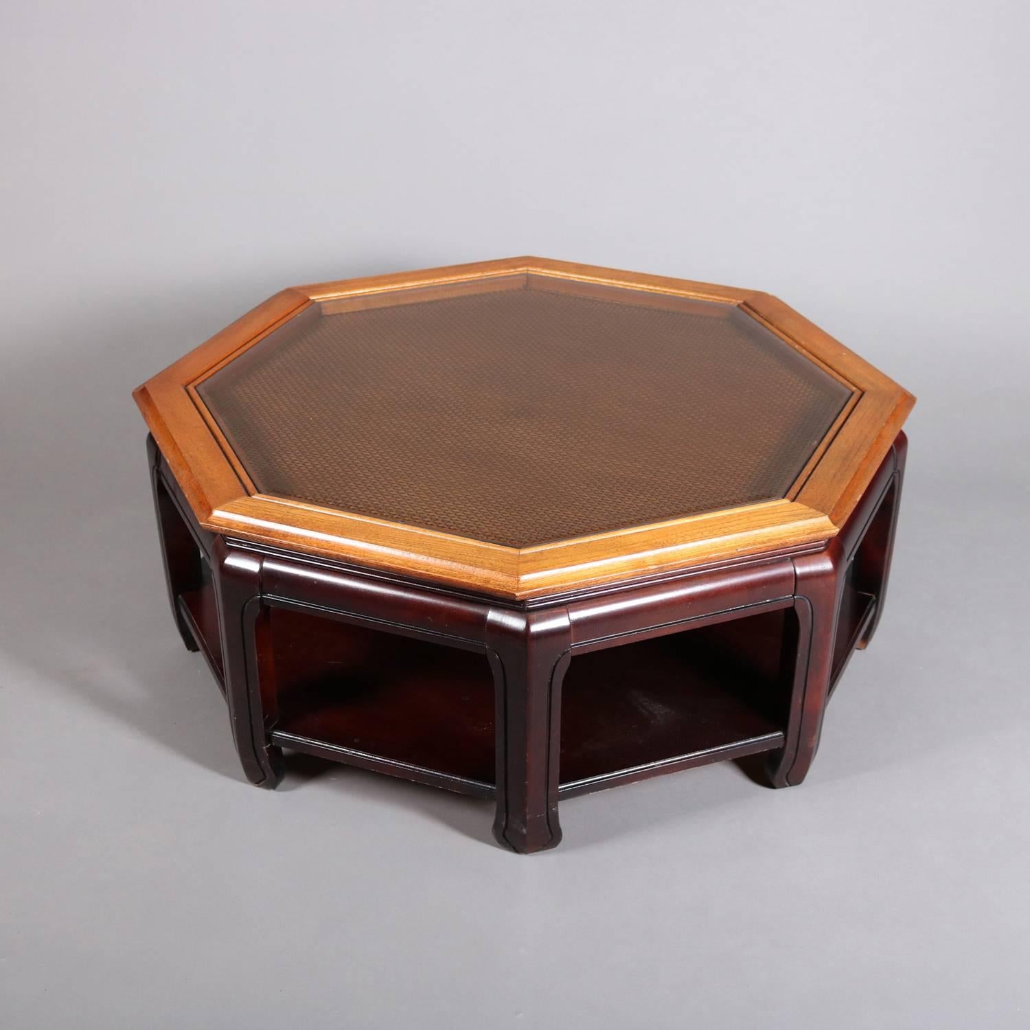 Chinese Style Hexagonal Mahogany, Walnut and Cane Top Coffee Table, circa 1920 3