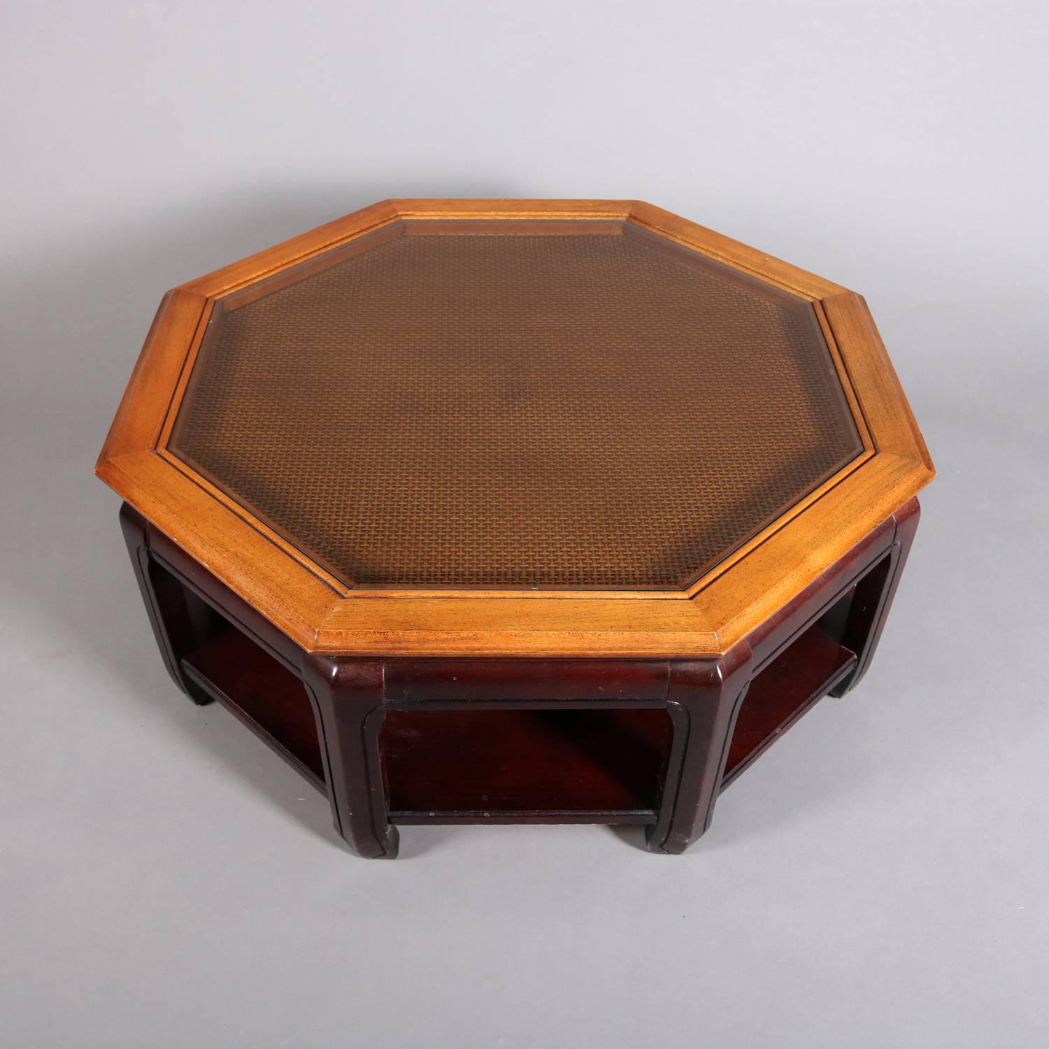 20th Century Chinese Style Hexagonal Mahogany, Walnut and Cane Top Coffee Table, circa 1920