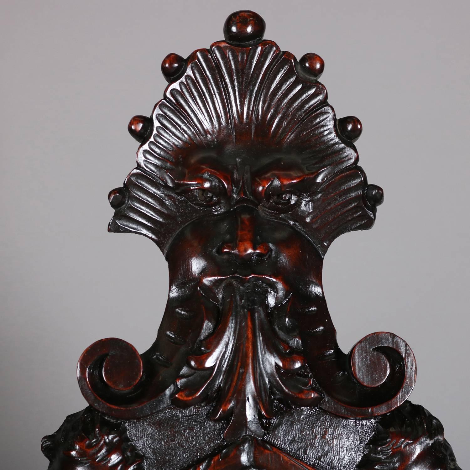 Italian Renaissance Figural Heavily Carved Walnut Wind God Chair, 19th Century 1