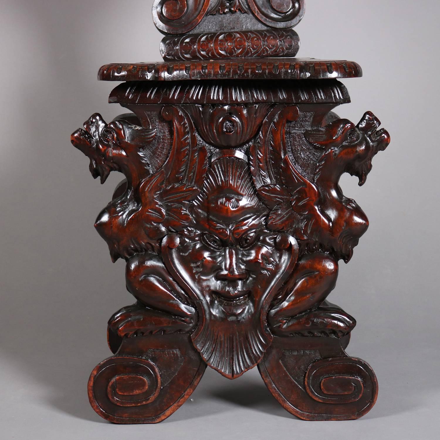 Hand-Carved Italian Renaissance Figural Heavily Carved Walnut Wind God Chair, 19th Century