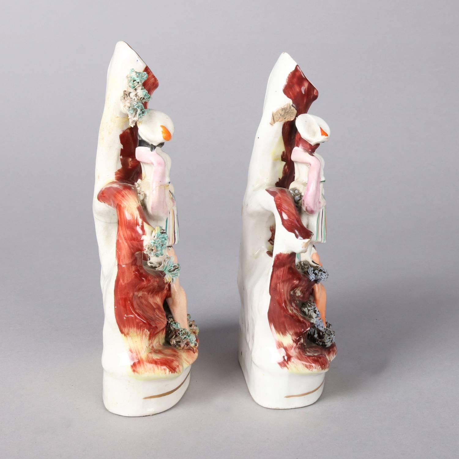 Pair of English Staffordshire Porcelain Figural Woodland Bud Vases, 19th Century In Good Condition In Big Flats, NY