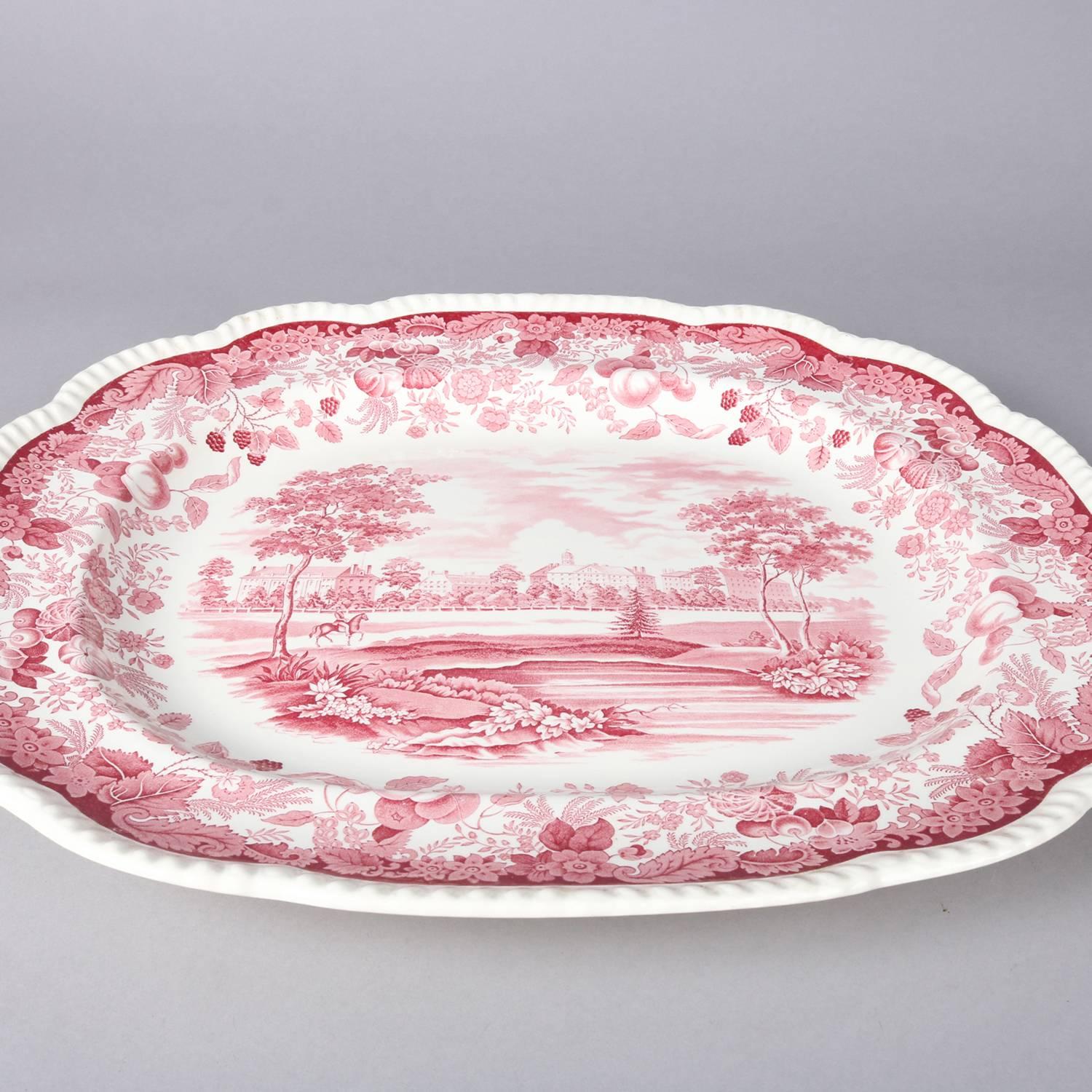 English porcelain red transferware porcelain platter depicts Harvard University 1941. Northeast Prospect of Harvard 1823 - From Site Later Chosen for Memorial Hall