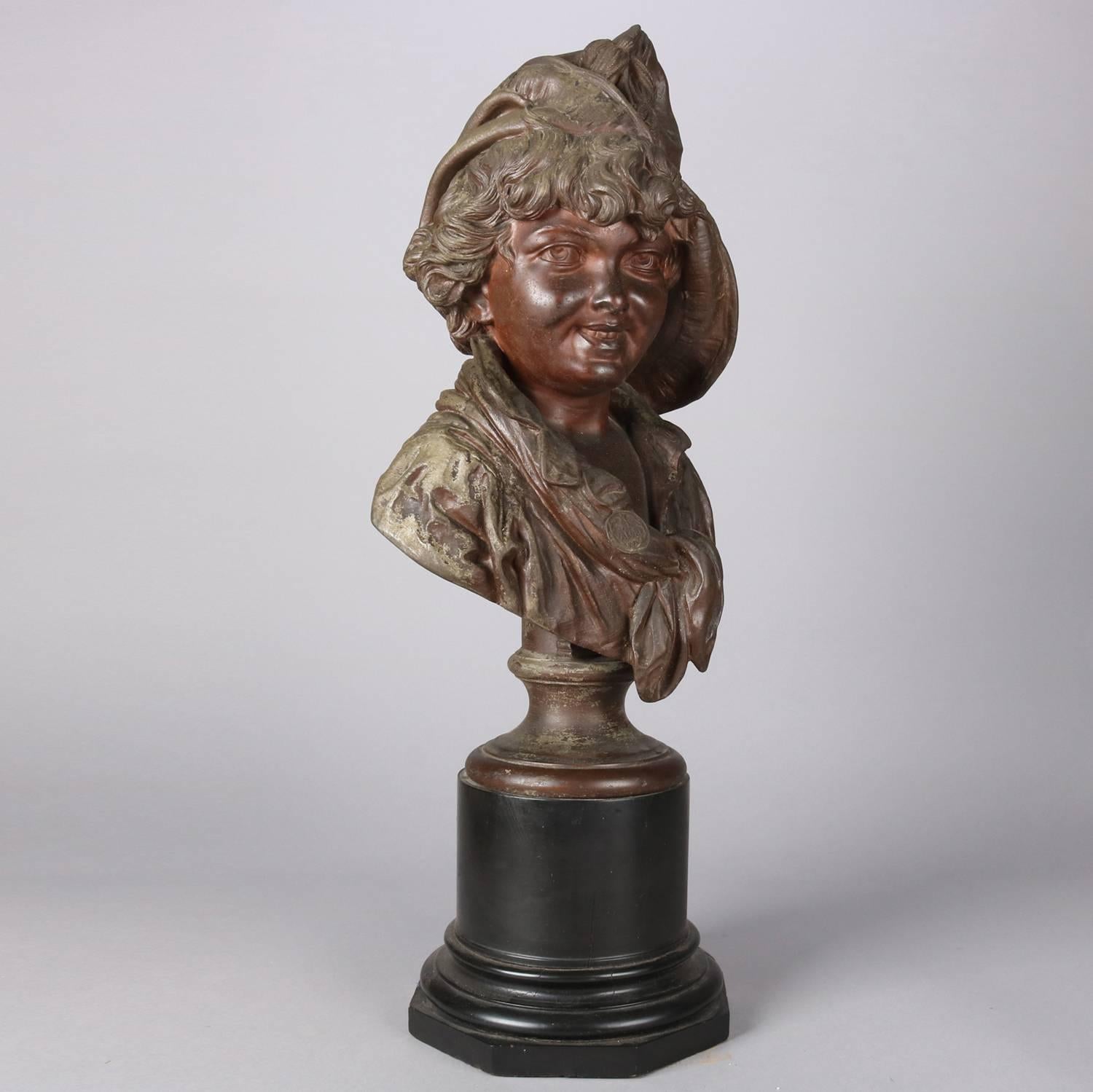 19th Century Large Antique Italian Bronzed Sculpture 3/4 Bust Young Soldier, circa 1890