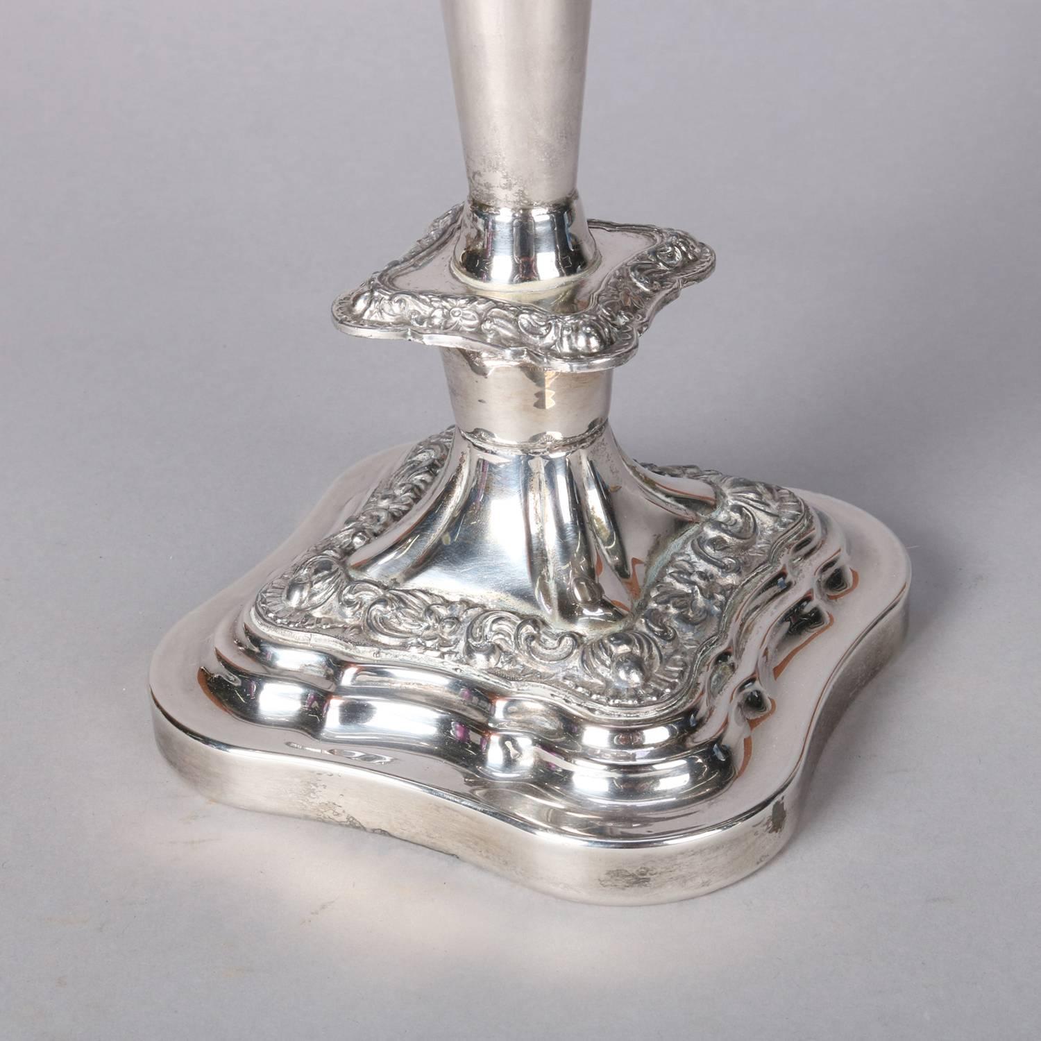 20th Century Pair Antique English Victorian Silver Plate Three-Light Candelabra, circa 1900
