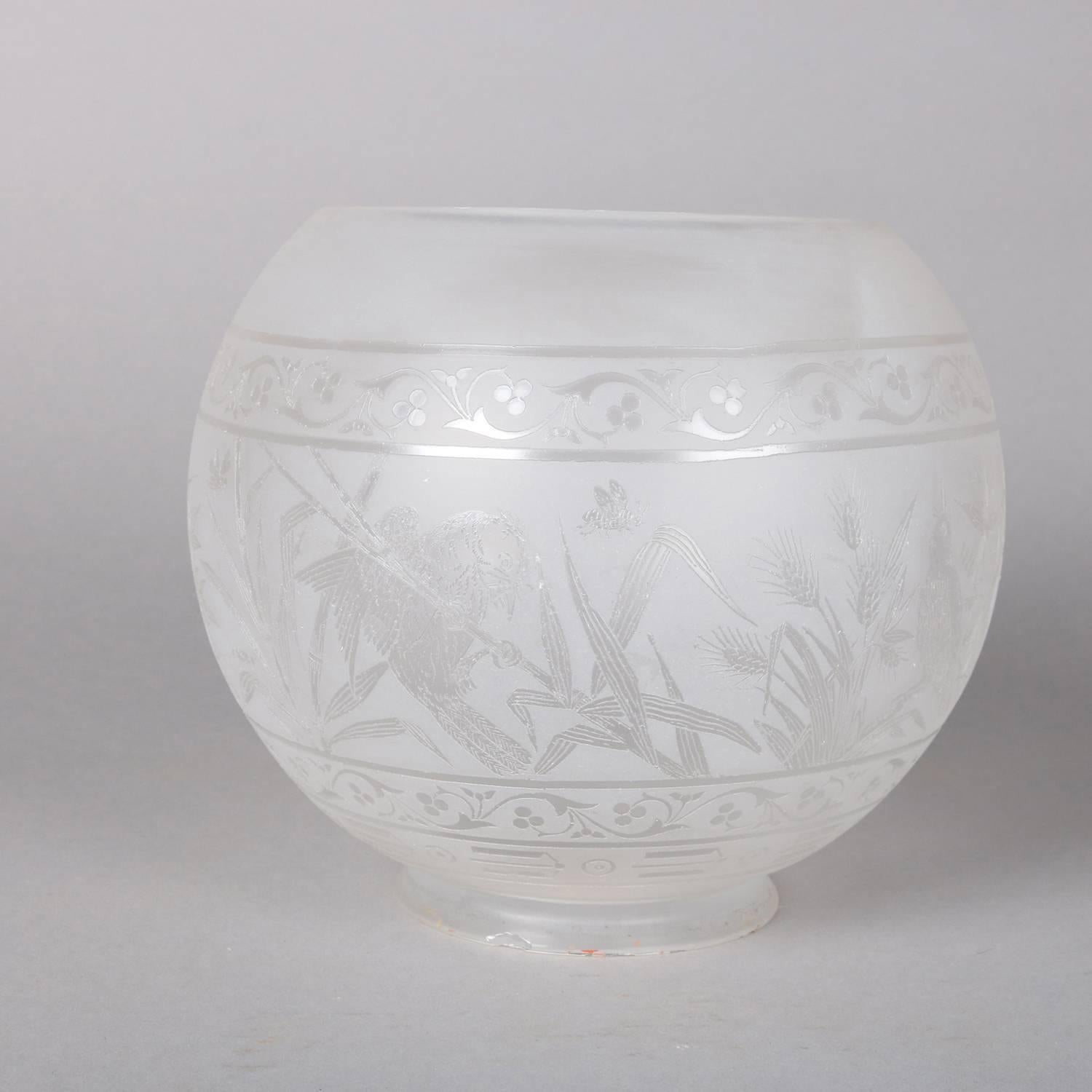 European Antique Acid Etched Aesthetic Movement Gas Lamp Shade with Birds, 19th Century