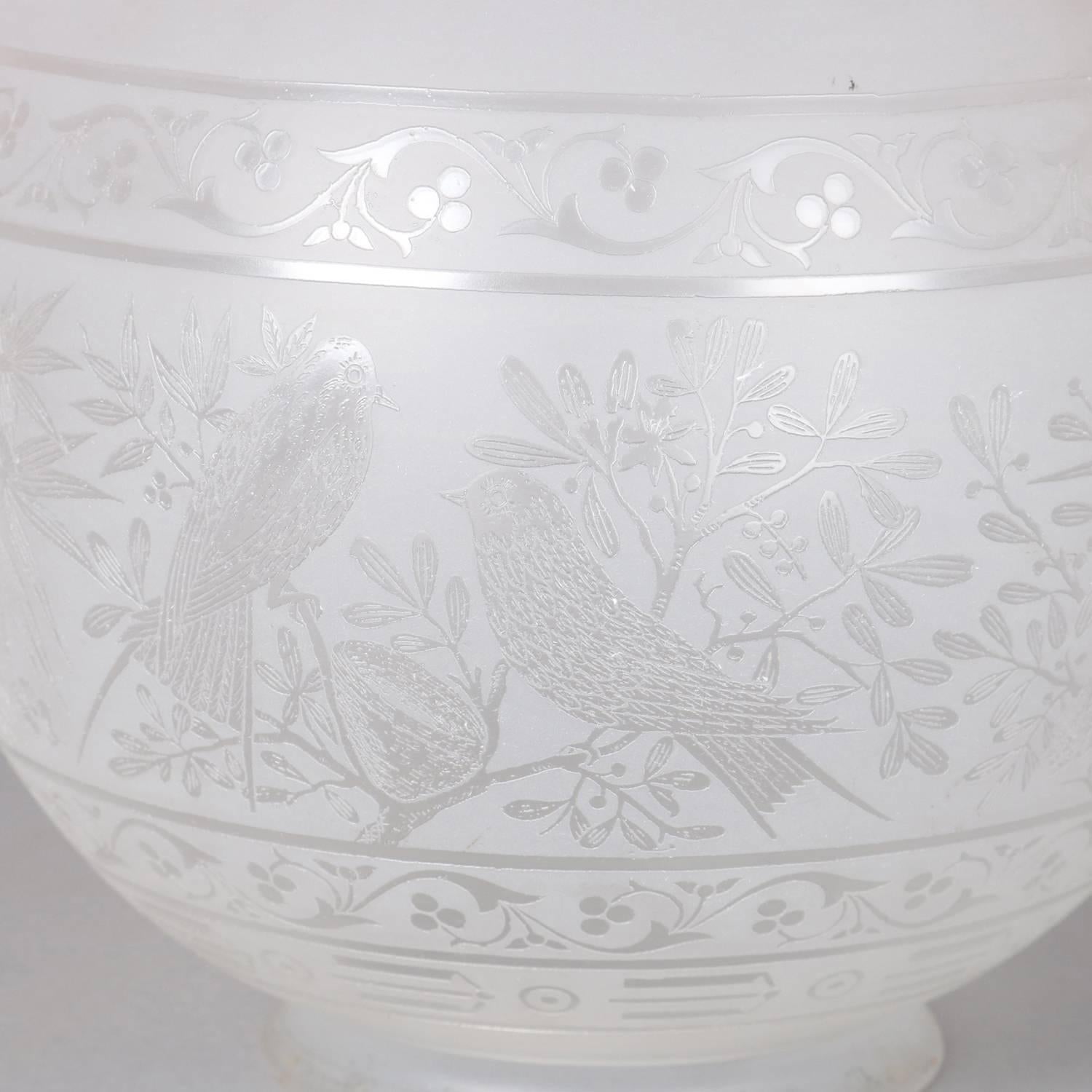 Antique acid etched frosted Aesthetic Movement frosted glass lamp shade depicts allaround scene of birds in the bushes, 19th century

Measures - 7.5h x 8
