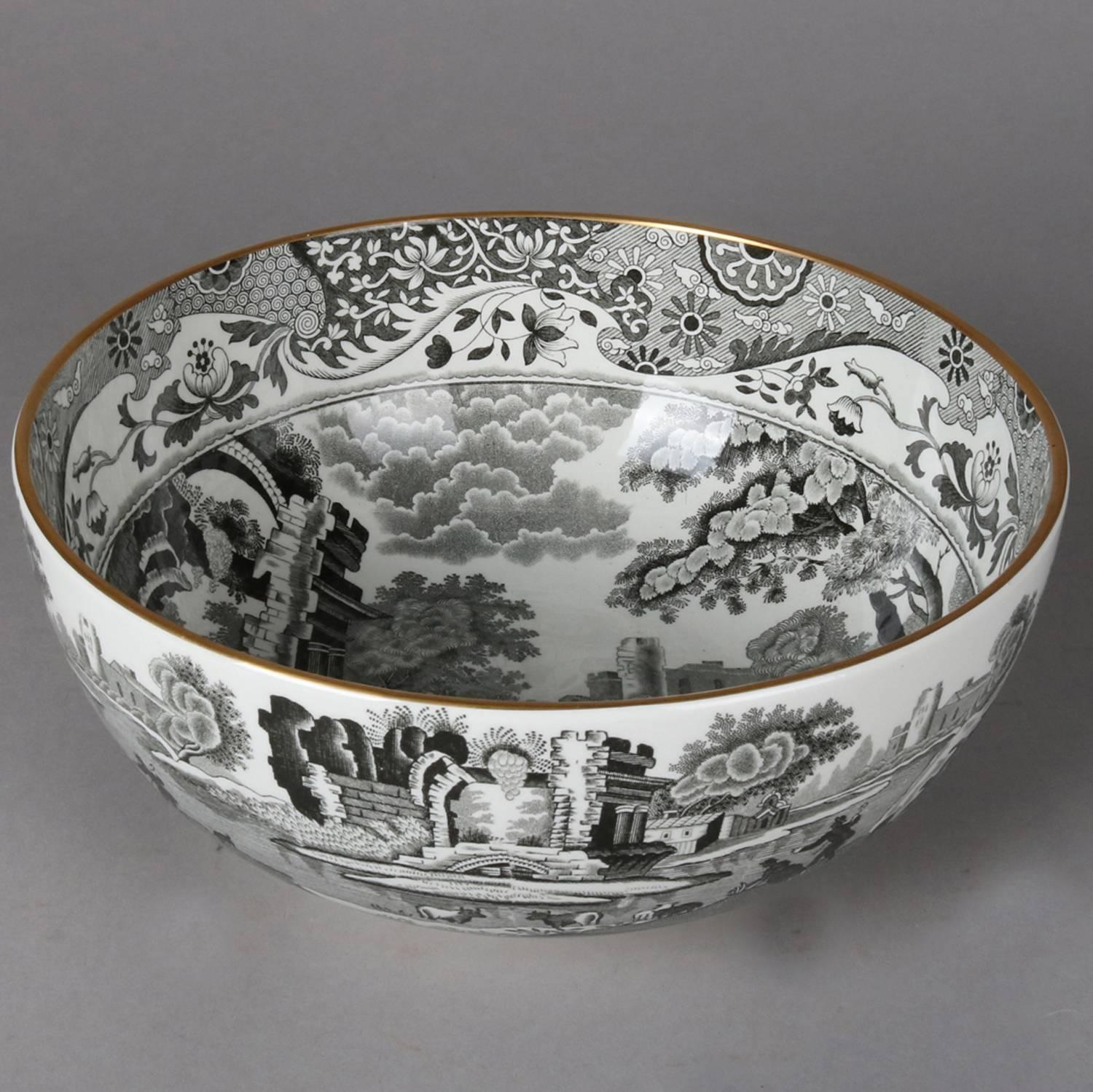 English black transfer ware porcelain serving bowl features countryside scene and gold gilt rim trim, mark on base 