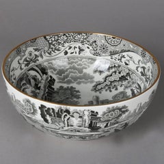 English Porcelain Black Transfer Ware Serving Bowl by Spode with Gilt Trim