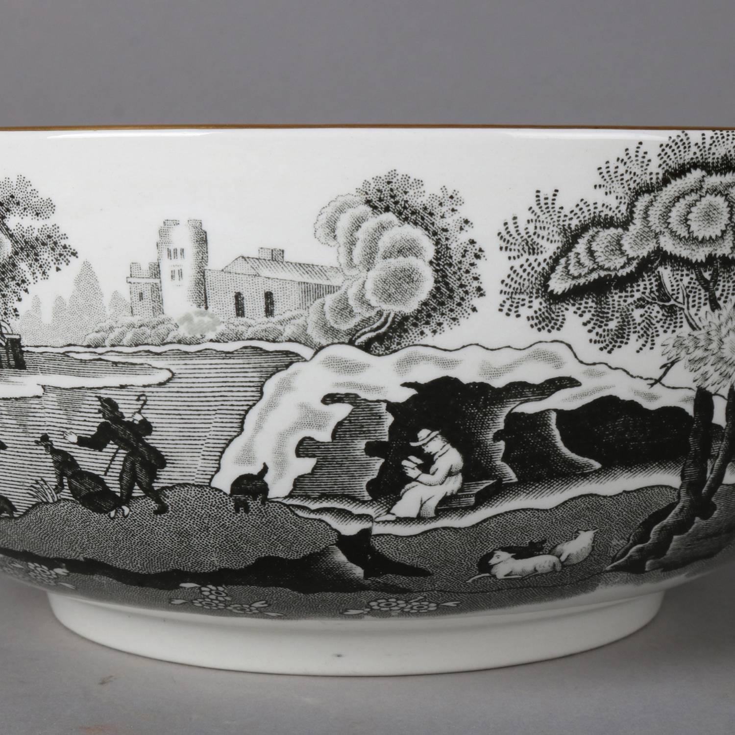 English Porcelain Black Transfer Ware Serving Bowl by Spode with Gilt Trim 1