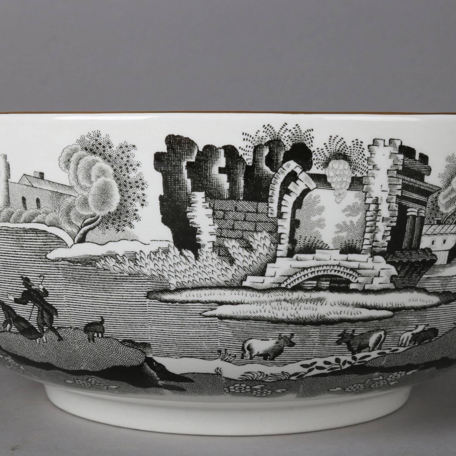 English Porcelain Black Transfer Ware Serving Bowl by Spode with Gilt Trim 2