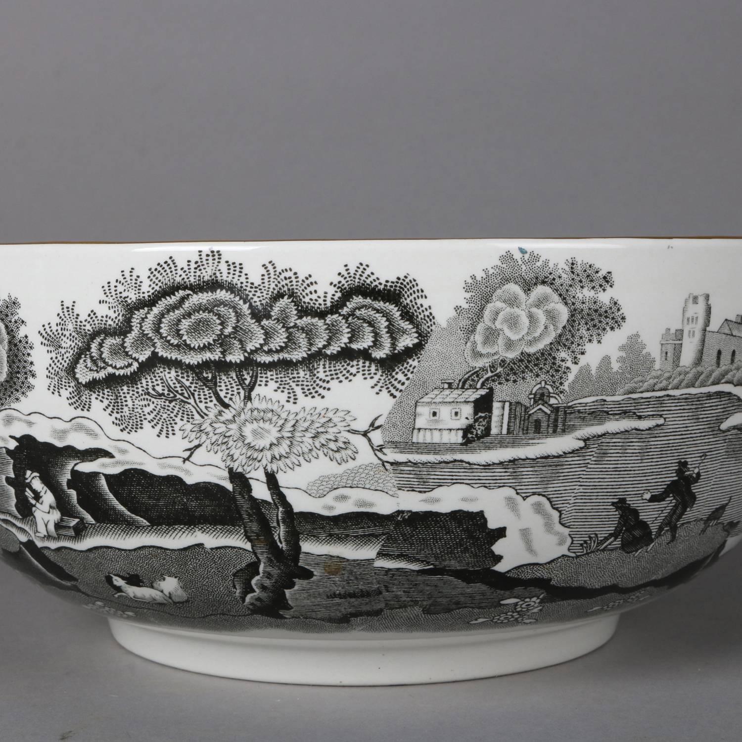 English Porcelain Black Transfer Ware Serving Bowl by Spode with Gilt Trim 3
