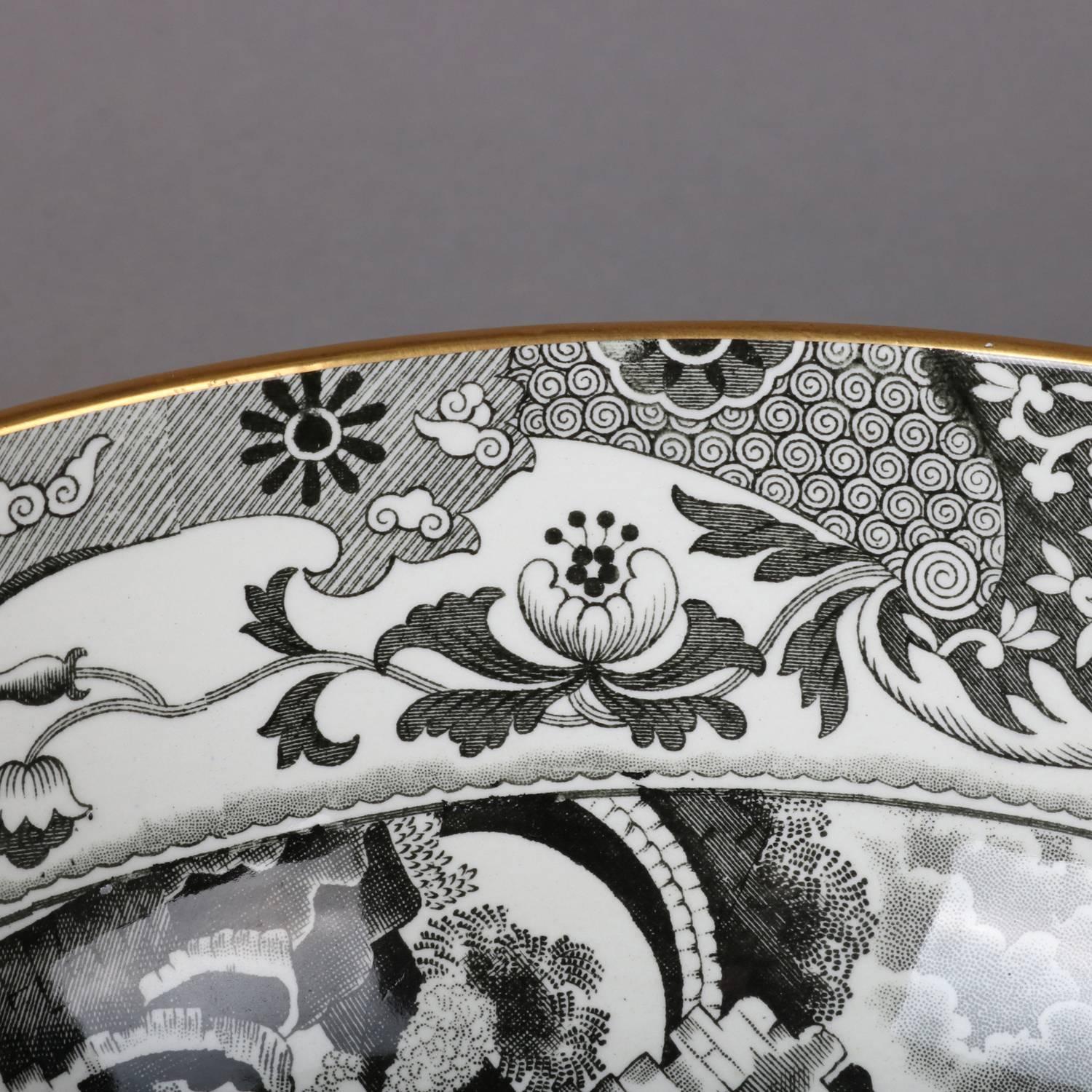 English Porcelain Black Transfer Ware Serving Bowl by Spode with Gilt Trim 4