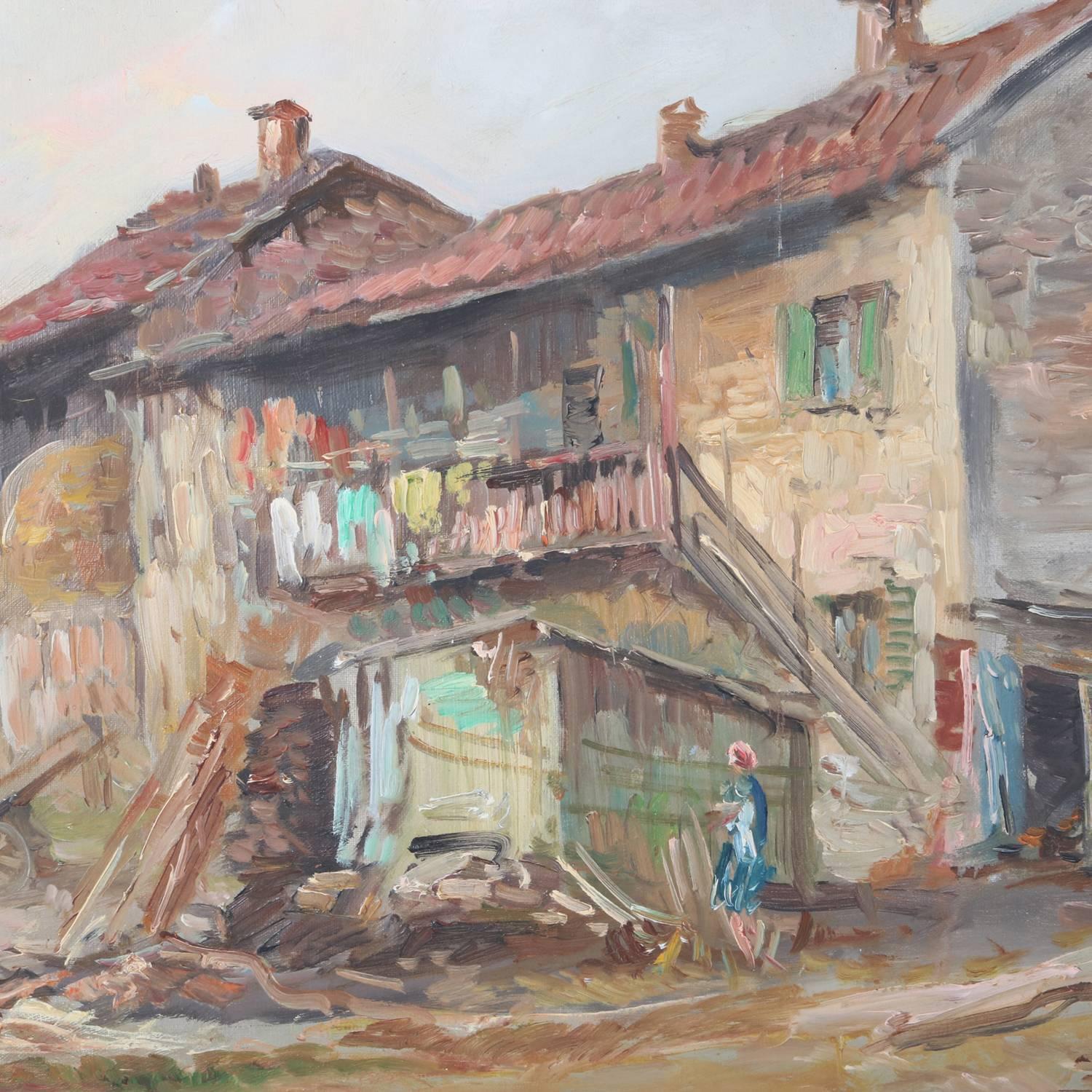Vintage Öl auf Leinwand osteuropäischen Malerei zeigt ländlichen Land Bauernhaus Szene, signiert unten links Barstow, 20


Maße - 23 