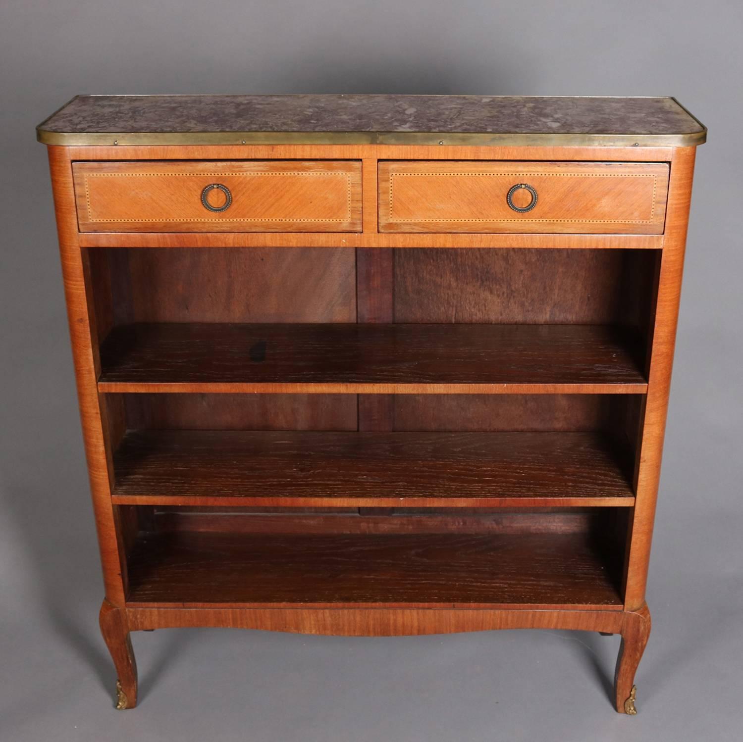 Vintage French Mahogany Banded 2-Drawer Marble Top Open Bookcase, 20th Century 1