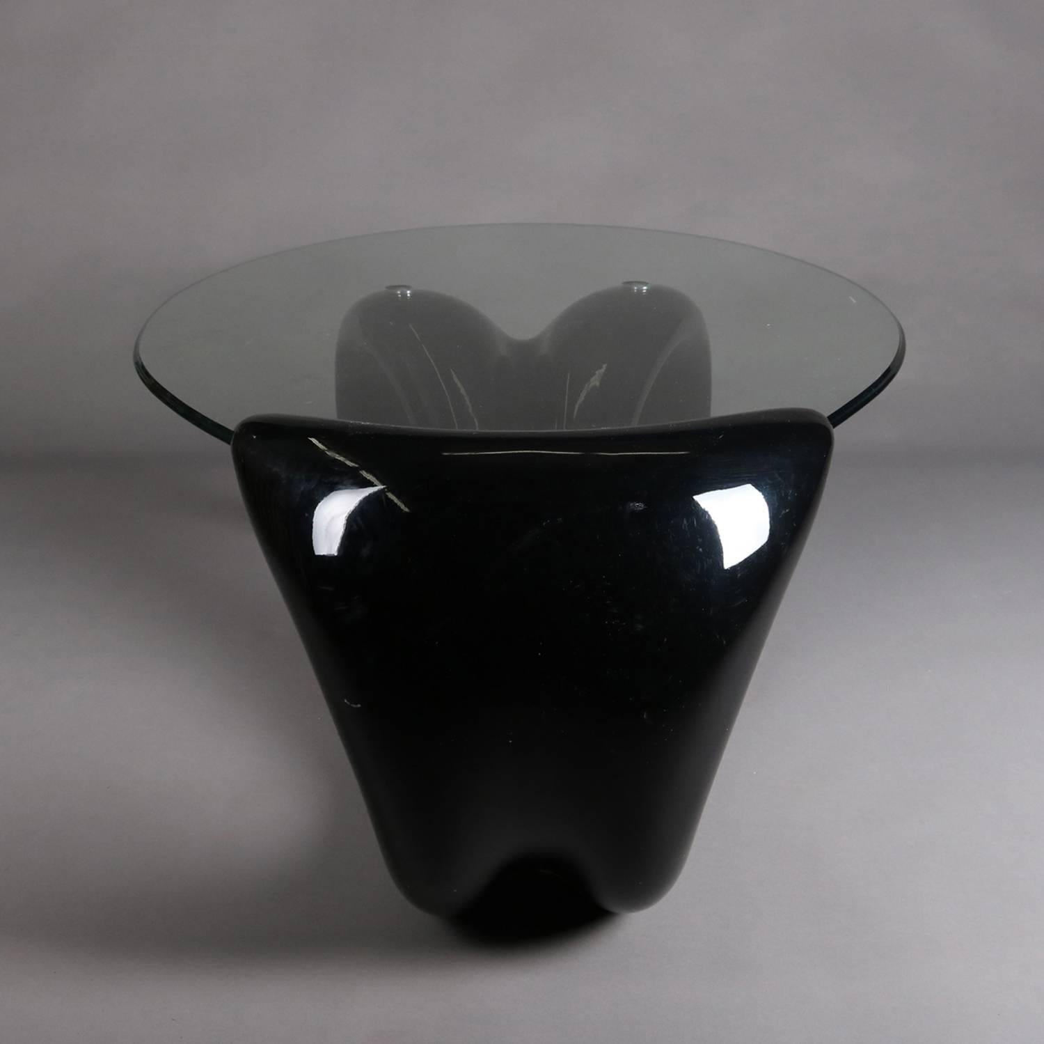 Mid Century Modern Black Taffy Abstract Sculptural Glass Top Coffee Table 20th C In Good Condition In Big Flats, NY