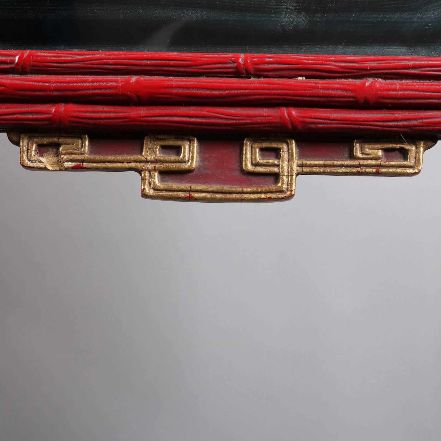 European Vintage Chinoiserie Carved Vermillion & Giltwood Figural Bamboo Form Wall Mirror