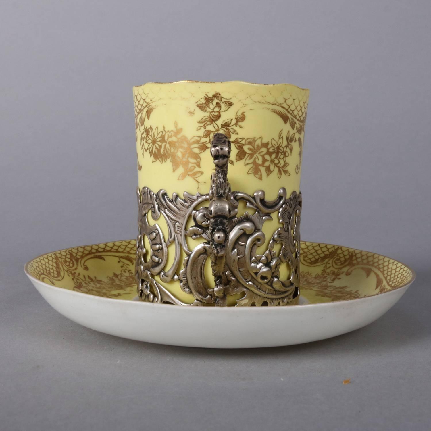 Classical Greek Five Classical English Staffordshire Eggshell Porcelain, Silver Espresso Cup Set