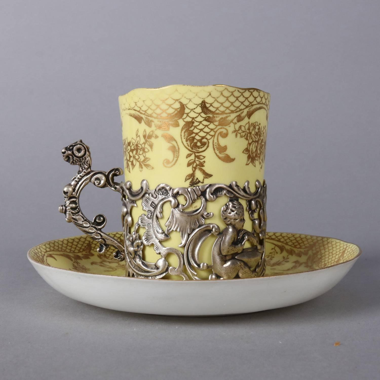 Five Classical English Staffordshire Eggshell Porcelain, Silver Espresso  Cup Set