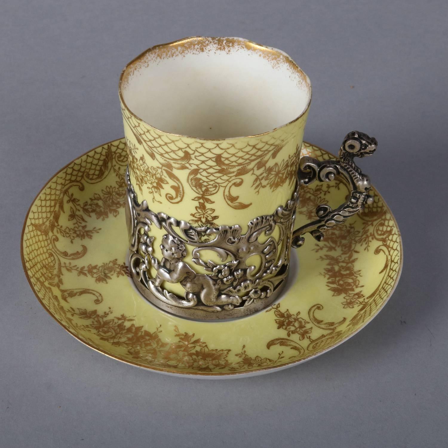 Gilt Five Classical English Staffordshire Eggshell Porcelain, Silver Espresso Cup Set