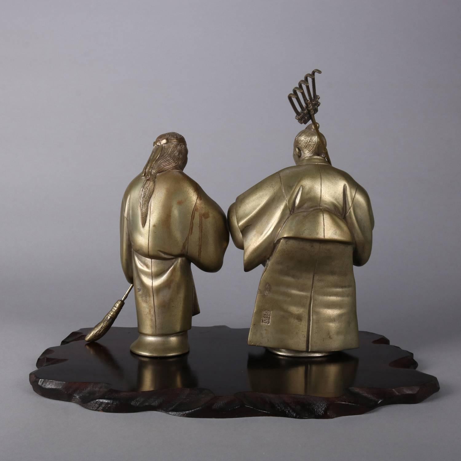 Japanese Figural Bronzed Sculptures of Jo and Uba on Wood Base, Signed In Good Condition In Big Flats, NY