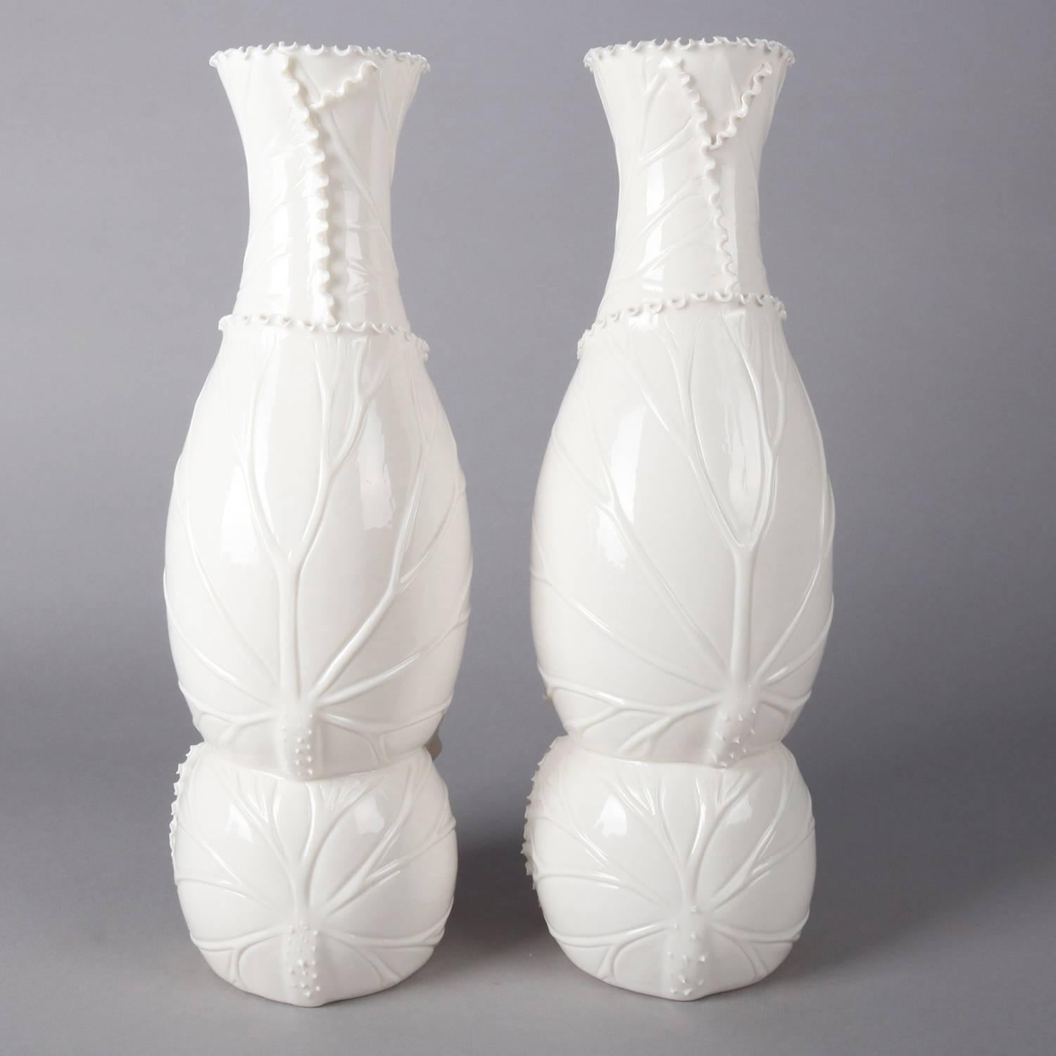 Pair Coral Reef Blanc-de-Chine Figural Porcelain Vases, 20th Century In Good Condition In Big Flats, NY