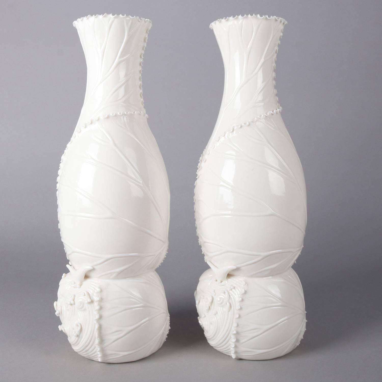 Pair Coral Reef Blanc-de-Chine Figural Porcelain Vases, 20th Century 1