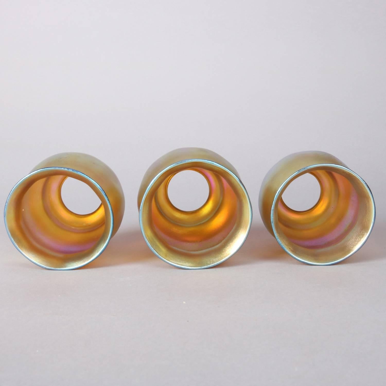 20th Century Set of Three Arts & Crafts Steuben Gold Aurene Ovoid Art Glass Shades