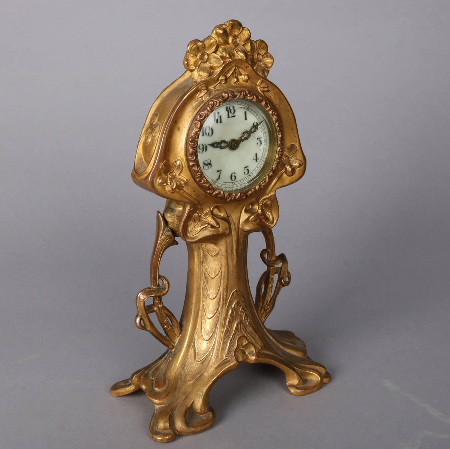 Beveled Art Nouveau Gilt Boudoir Clock by New Haven Clock Co., Early 20th Century