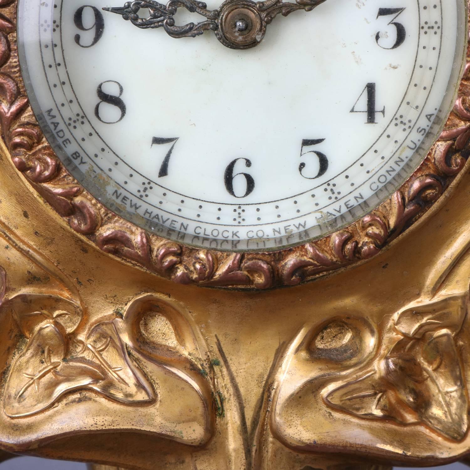 Art Nouveau Gilt Boudoir Clock by New Haven Clock Co., Early 20th Century In Good Condition In Big Flats, NY