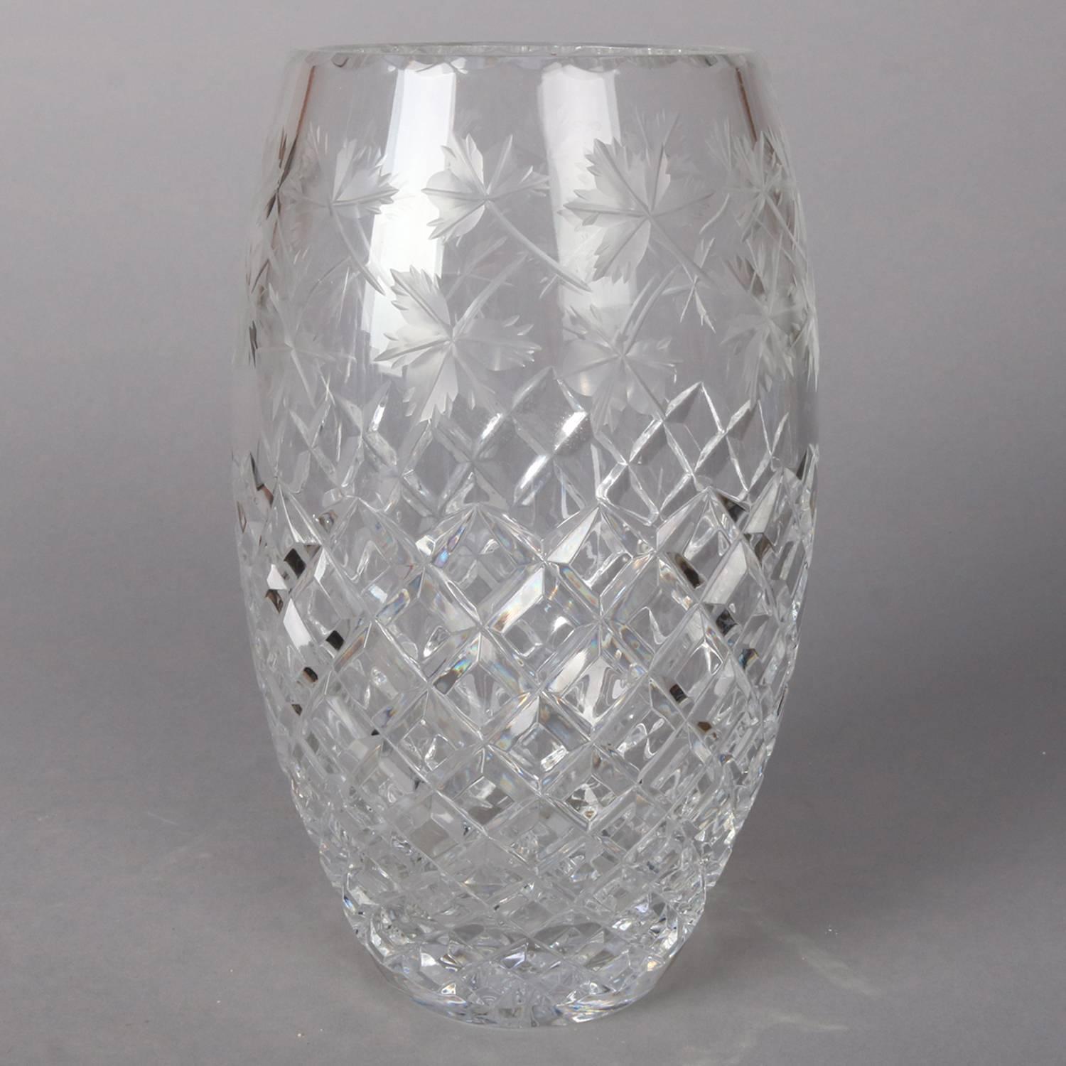 Antique Hawkes school brilliant cut crystal vase features ovoid form with cross hatched lower and etched maple leaf upper, 20th century


Measures:- 9