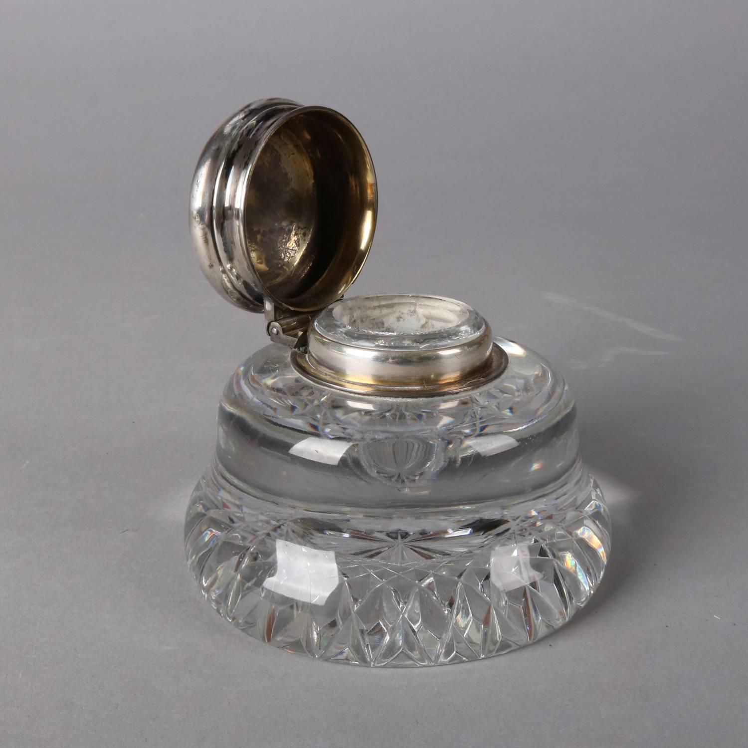 Antique French cut crystal inkwell features sterling silver top with incised dedication, marked sterling, dated 1896

Measures: 3