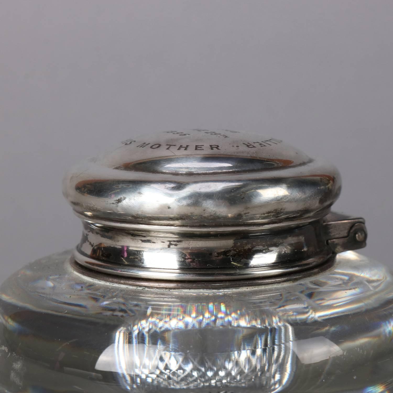 19th Century Antique French Cut Crystal and Sterling Silver Dedication Inkwell, 1896