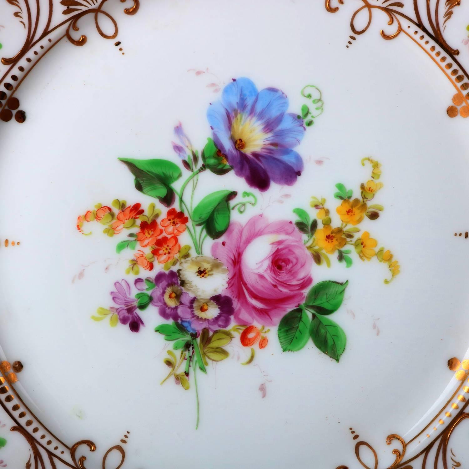 12 German Floral & Gilt Hand-Painted Porcelain Dresden Rosenthal Plates In Good Condition In Big Flats, NY