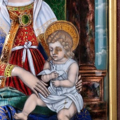 Antique Madonna and Child Hand Enameled Copper Plaque in Gilt Frame, circa 1900