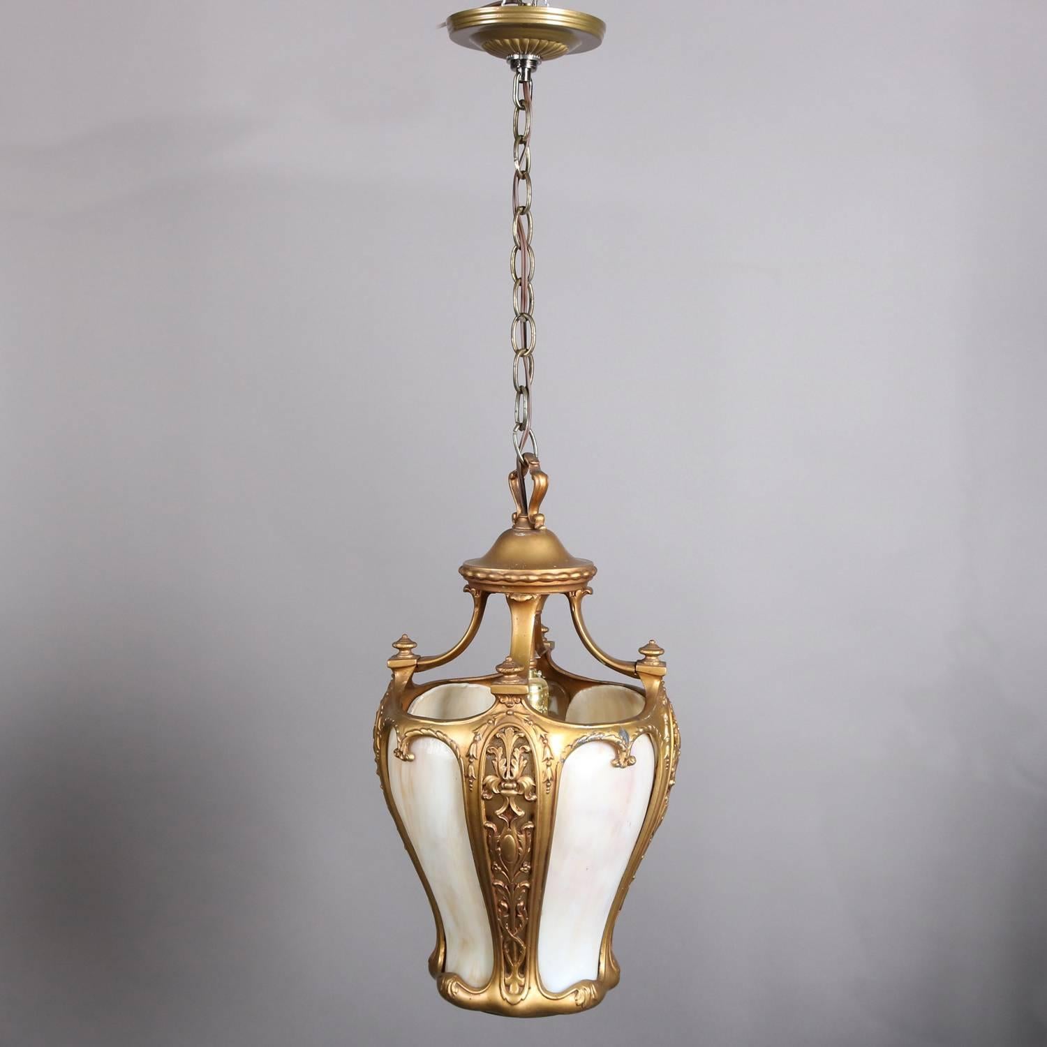 Neoclassical Gilt & Slag Glass Hanging Pendant Light, 20th Century In Good Condition In Big Flats, NY