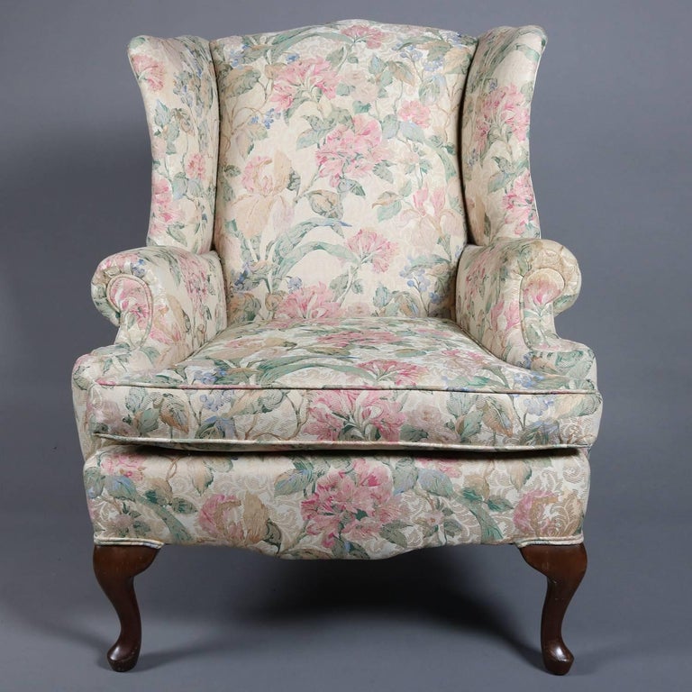 Pair of Queen Anne Style Floral Upholstered Wingback Chairs, 20th