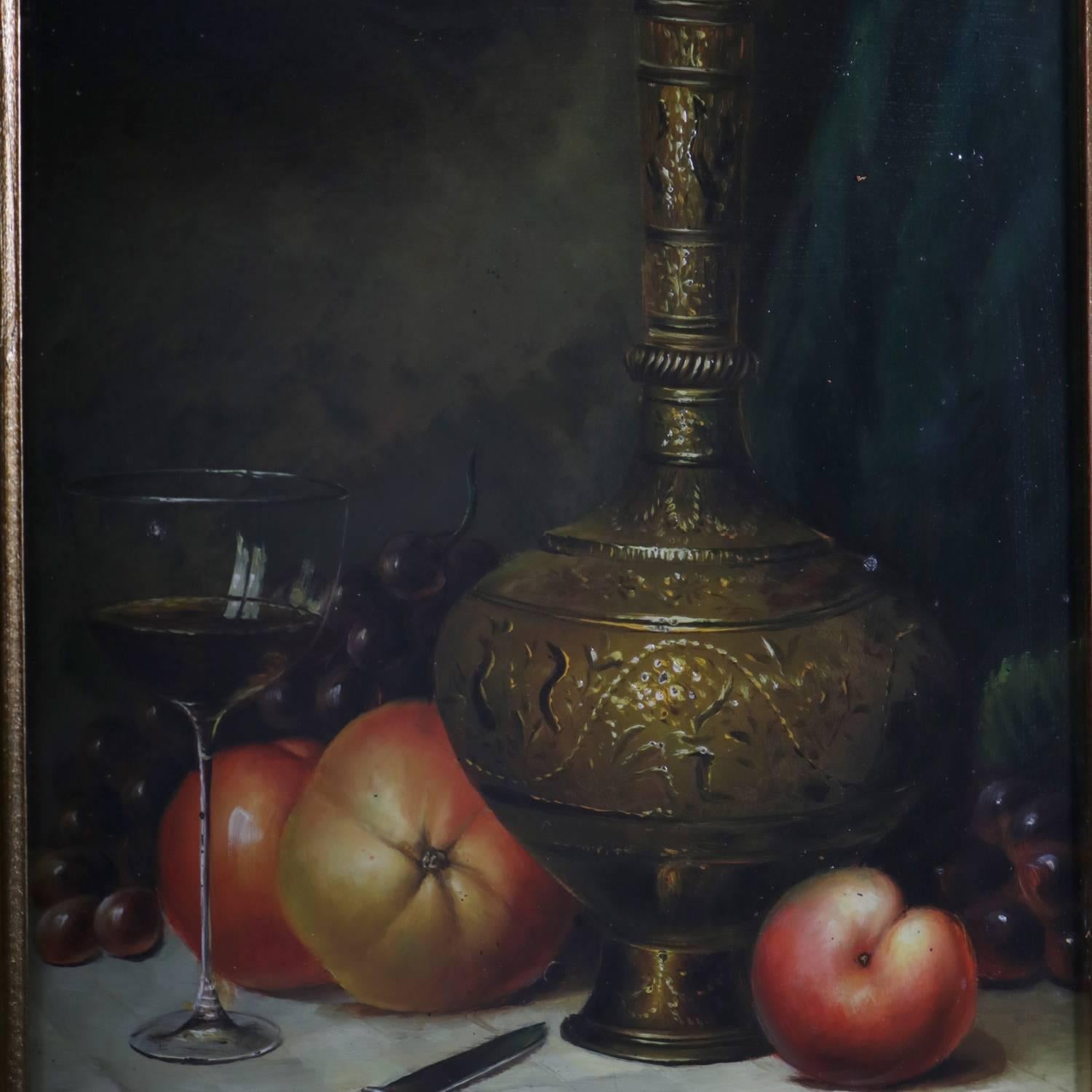 20th Century Antique Moorish Oil on Board Wine and Fruit Still Life, Signed Virricci