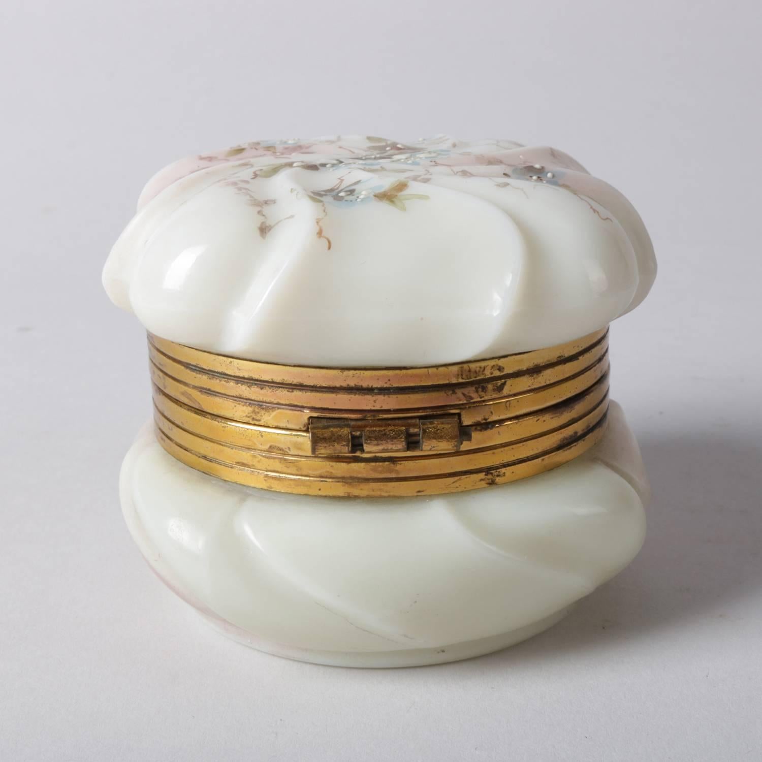 Antique Hand-Painted Wavecrest Glass and Gilt Dresser Box, 19th Century In Good Condition In Big Flats, NY