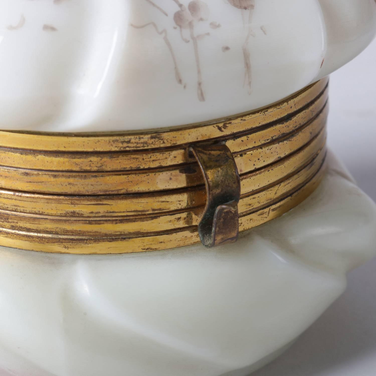 Metal Antique Hand-Painted Wavecrest Glass and Gilt Dresser Box, 19th Century