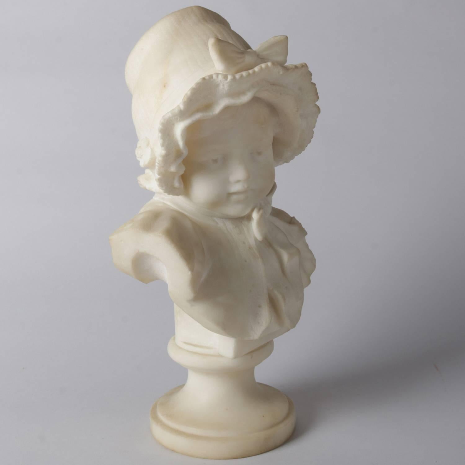 Italian Lapini School Victorian Carved Marble Bust, Young Girl in Bonnet 2