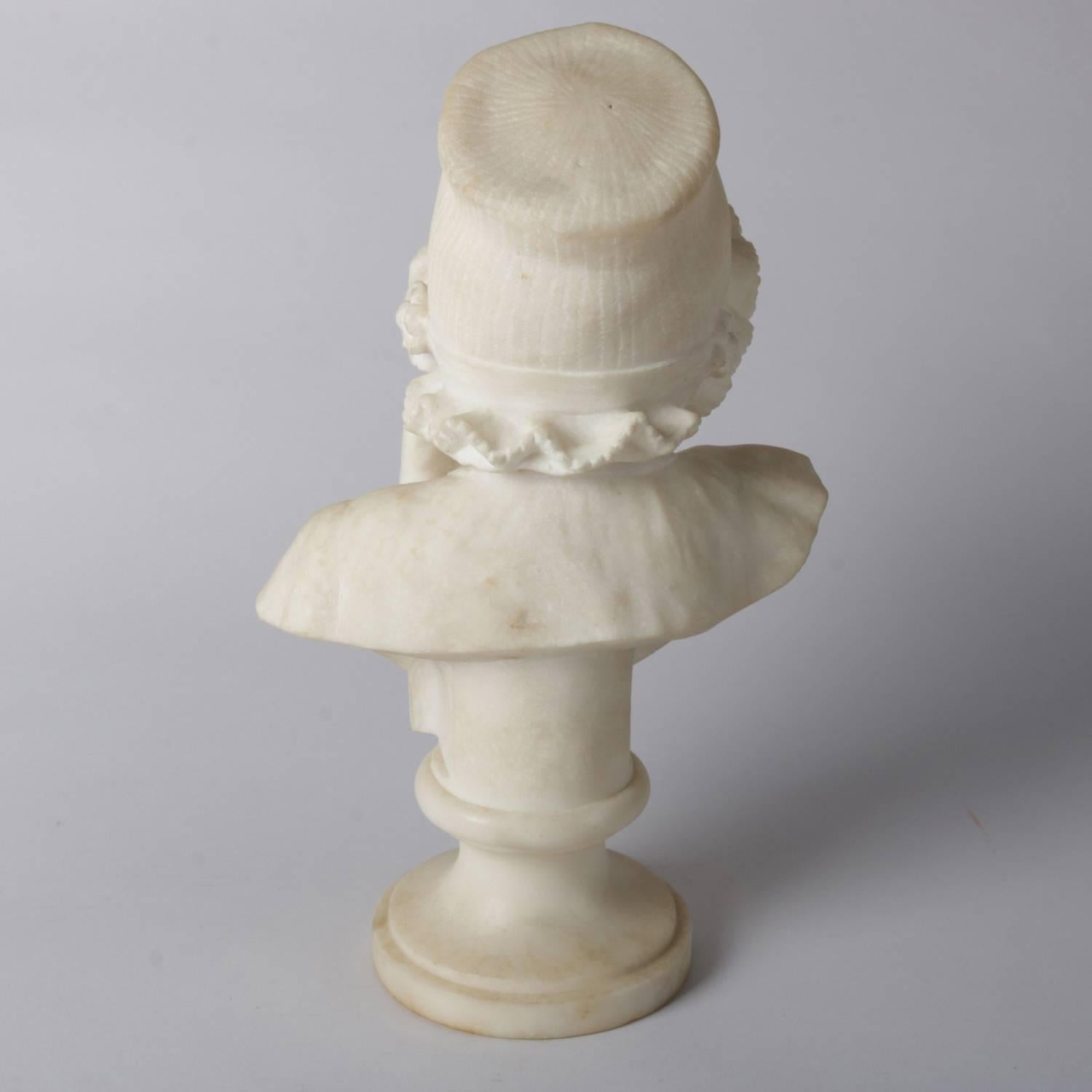 19th Century Italian Lapini School Victorian Carved Marble Bust, Young Girl in Bonnet
