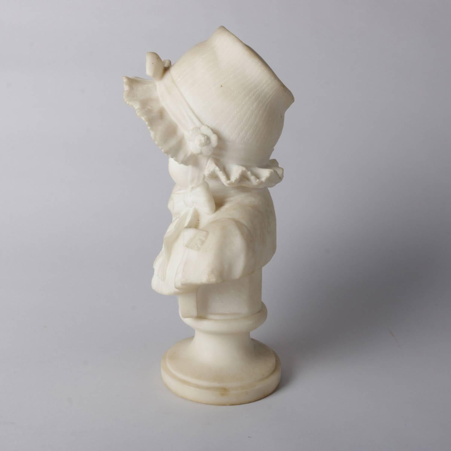 Italian Lapini School Victorian Carved Marble Bust, Young Girl in Bonnet In Good Condition In Big Flats, NY