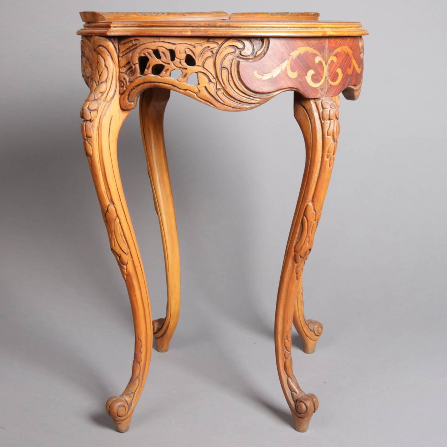 French Carved Yew Wood and Mahogany Floral Marquetry Inlaid Tea Table 6