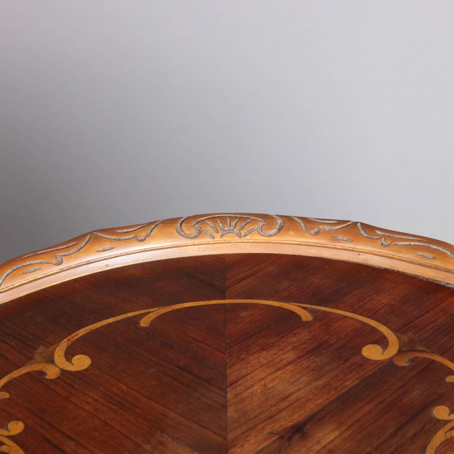 French Carved Yew Wood and Mahogany Floral Marquetry Inlaid Tea Table 1